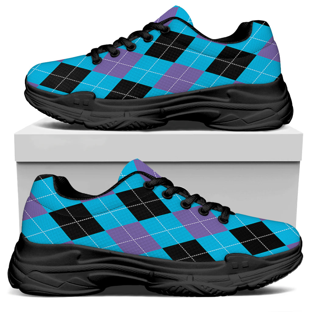Blue Purple And Black Argyle Print Black Chunky Shoes