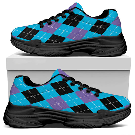 Blue Purple And Black Argyle Print Black Chunky Shoes