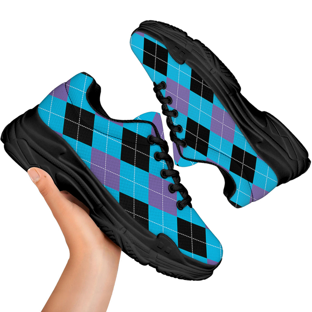 Blue Purple And Black Argyle Print Black Chunky Shoes