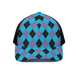 Blue Purple And Black Argyle Print Black Mesh Trucker Cap