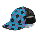 Blue Purple And Black Argyle Print Black Mesh Trucker Cap