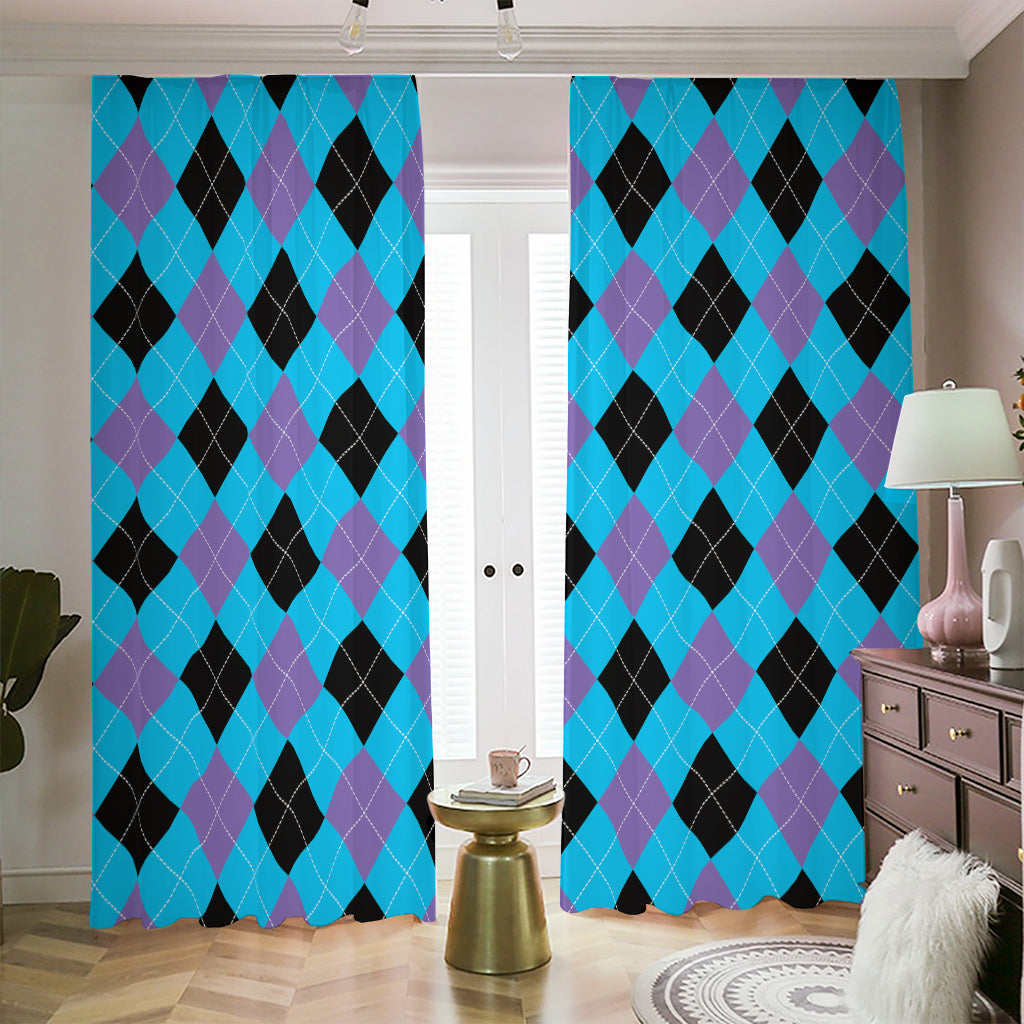 Blue Purple And Black Argyle Print Blackout Pencil Pleat Curtains