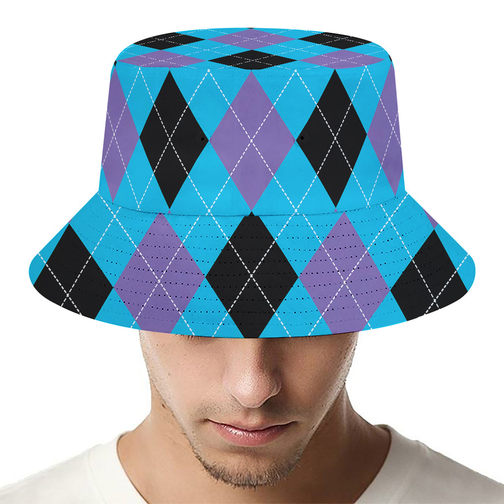 Blue Purple And Black Argyle Print Bucket Hat