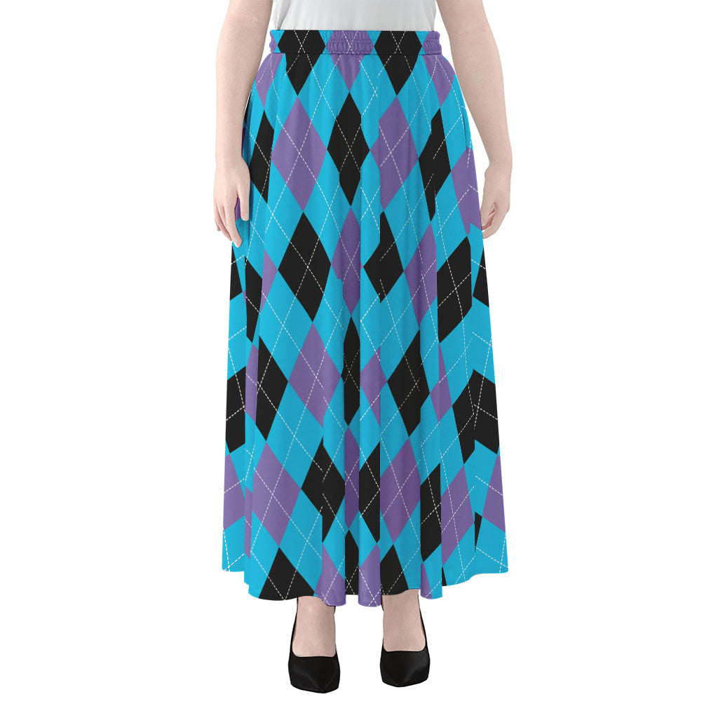 Blue Purple And Black Argyle Print Chiffon Maxi Skirt