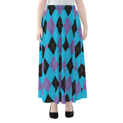 Blue Purple And Black Argyle Print Chiffon Maxi Skirt
