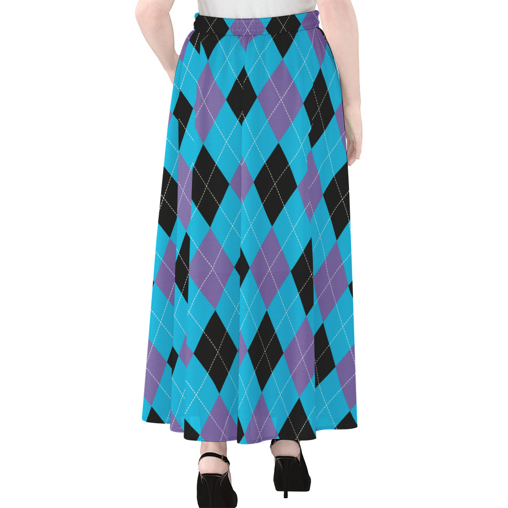 Blue Purple And Black Argyle Print Chiffon Maxi Skirt