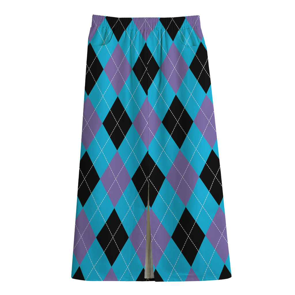Blue Purple And Black Argyle Print Cotton Front Slit Maxi Skirt