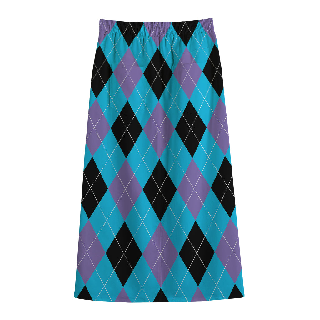 Blue Purple And Black Argyle Print Cotton Front Slit Maxi Skirt