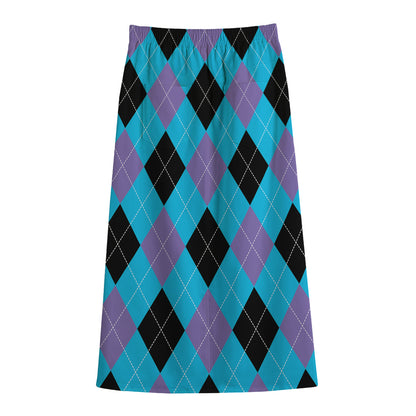 Blue Purple And Black Argyle Print Cotton Front Slit Maxi Skirt