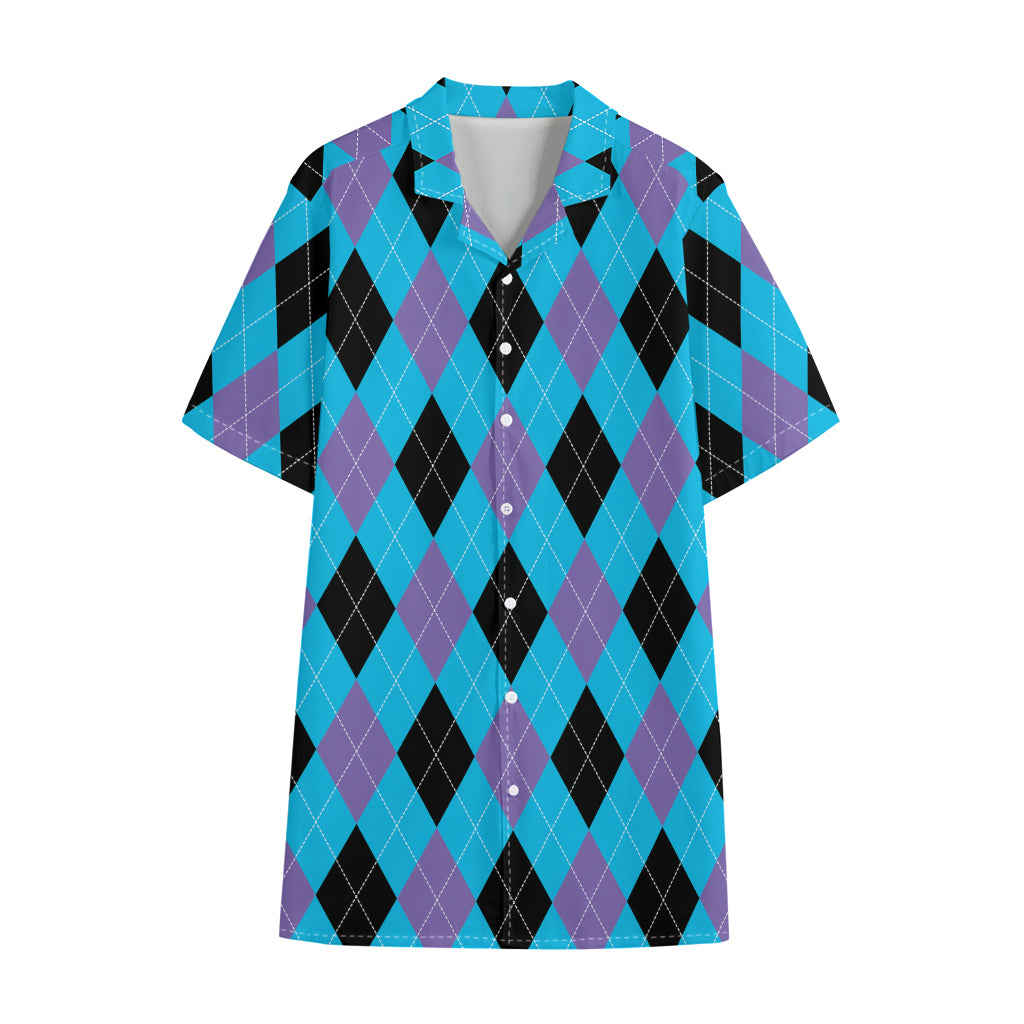 Blue Purple And Black Argyle Print Cotton Hawaiian Shirt