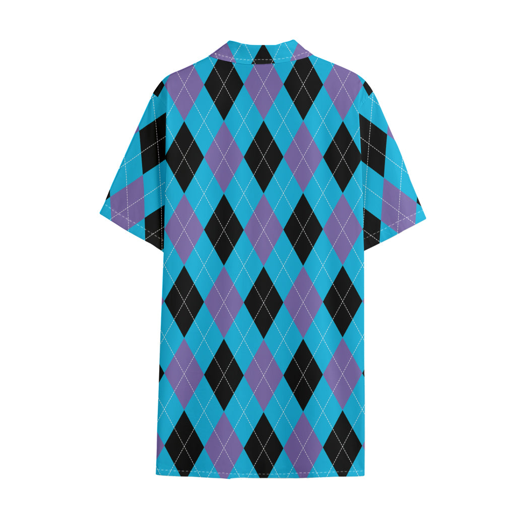 Blue Purple And Black Argyle Print Cotton Hawaiian Shirt