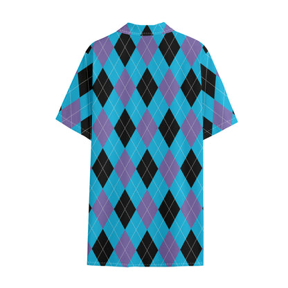 Blue Purple And Black Argyle Print Cotton Hawaiian Shirt