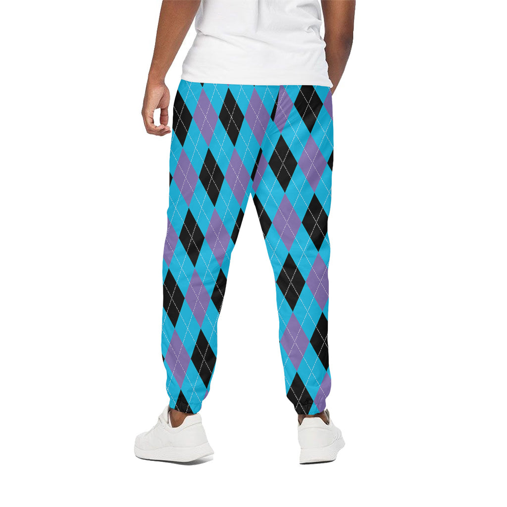 Blue Purple And Black Argyle Print Cotton Pants