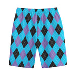 Blue Purple And Black Argyle Print Cotton Shorts