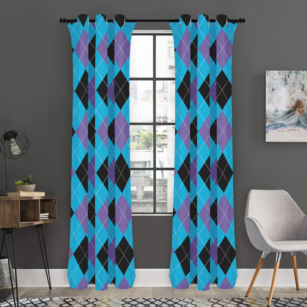 Blue Purple And Black Argyle Print Curtain