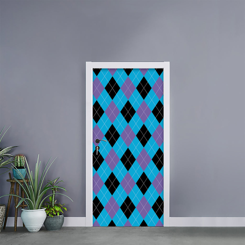 Blue Purple And Black Argyle Print Door Sticker