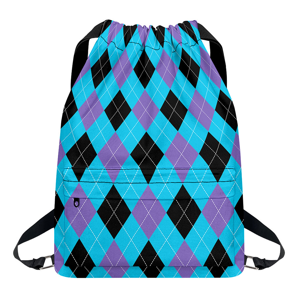 Blue Purple And Black Argyle Print Drawstring Backpack
