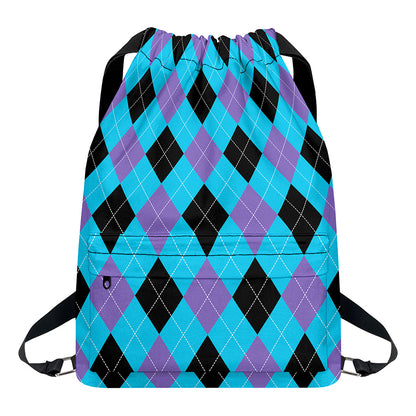 Blue Purple And Black Argyle Print Drawstring Backpack