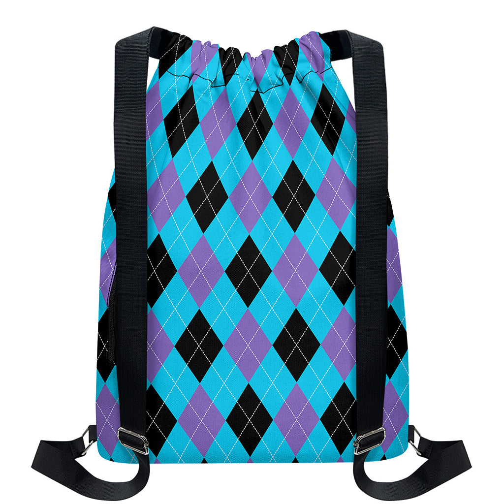 Blue Purple And Black Argyle Print Drawstring Backpack