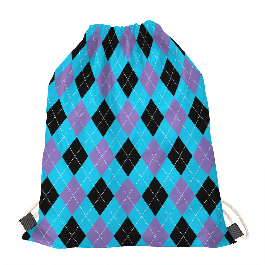 Blue Purple And Black Argyle Print Drawstring Bag