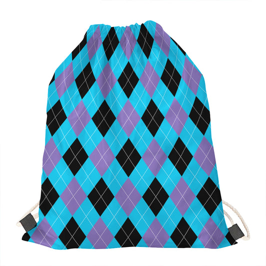 Blue Purple And Black Argyle Print Drawstring Bag