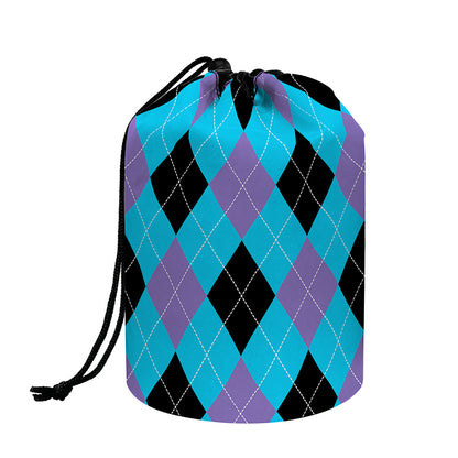 Blue Purple And Black Argyle Print Drawstring Makeup Bag