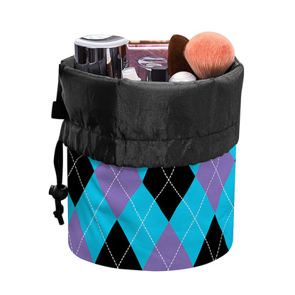 Blue Purple And Black Argyle Print Drawstring Makeup Bag