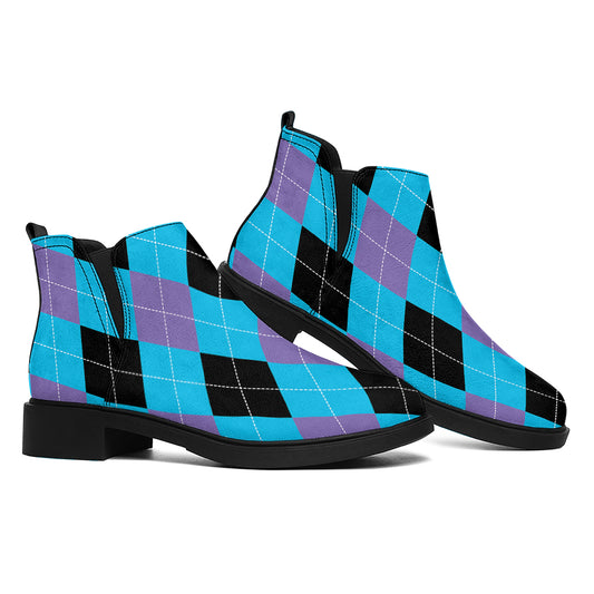 Blue Purple And Black Argyle Print Flat Ankle Boots