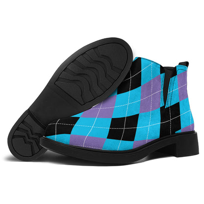 Blue Purple And Black Argyle Print Flat Ankle Boots