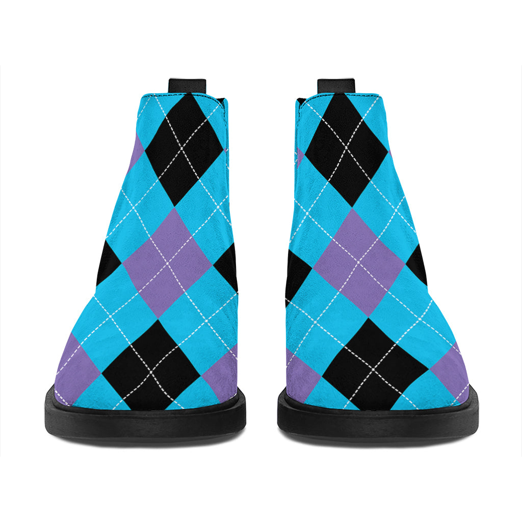 Blue Purple And Black Argyle Print Flat Ankle Boots