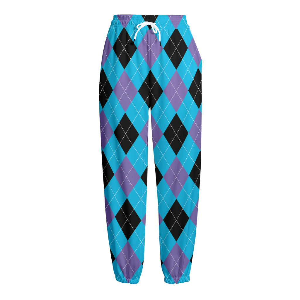 Blue Purple And Black Argyle Print Fleece Lined Knit Pants