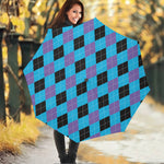 Blue Purple And Black Argyle Print Foldable Umbrella