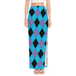 Blue Purple And Black Argyle Print High Slit Maxi Skirt