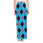 Blue Purple And Black Argyle Print High Slit Maxi Skirt