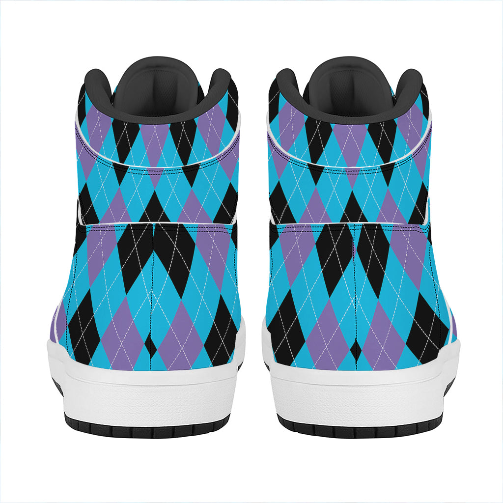 Blue Purple And Black Argyle Print High Top Leather Sneakers