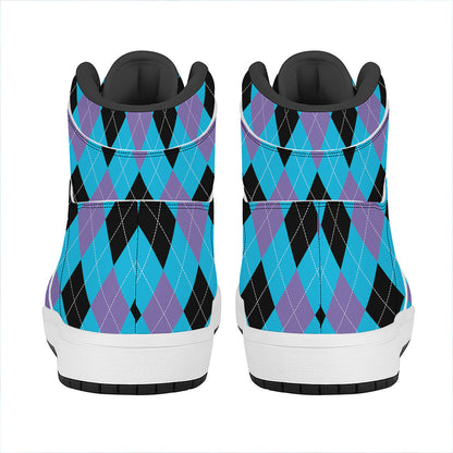 Blue Purple And Black Argyle Print High Top Leather Sneakers