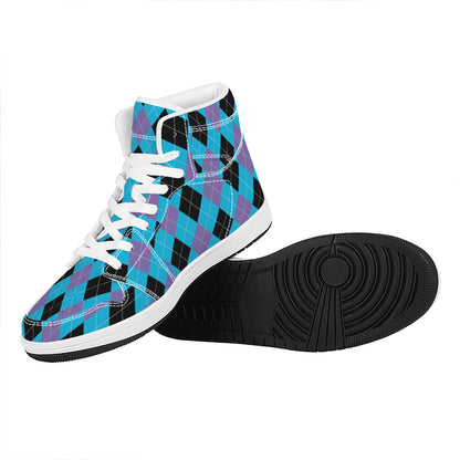 Blue Purple And Black Argyle Print High Top Leather Sneakers
