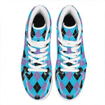 Blue Purple And Black Argyle Print High Top Leather Sneakers