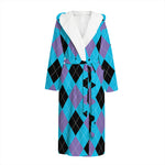 Blue Purple And Black Argyle Print Hooded Bathrobe