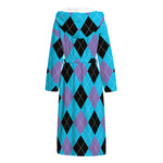Blue Purple And Black Argyle Print Hooded Bathrobe