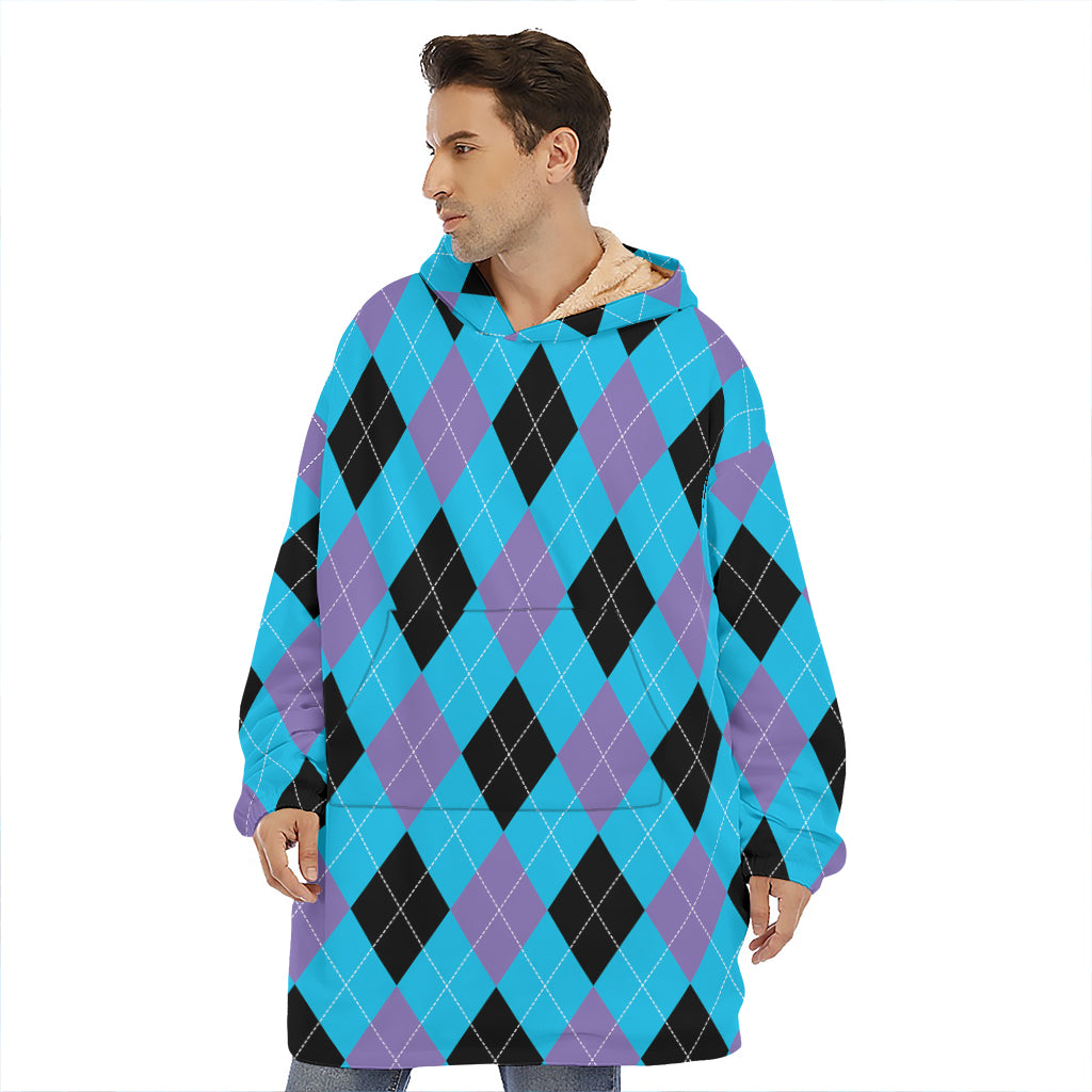 Blue Purple And Black Argyle Print Hoodie Blanket