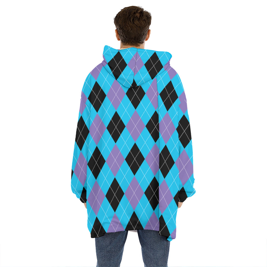 Blue Purple And Black Argyle Print Hoodie Blanket
