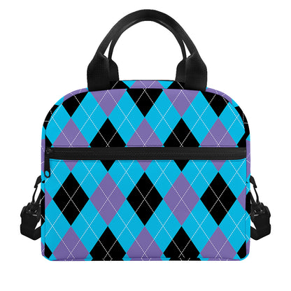 Blue Purple And Black Argyle Print Insulated Lunch Bag