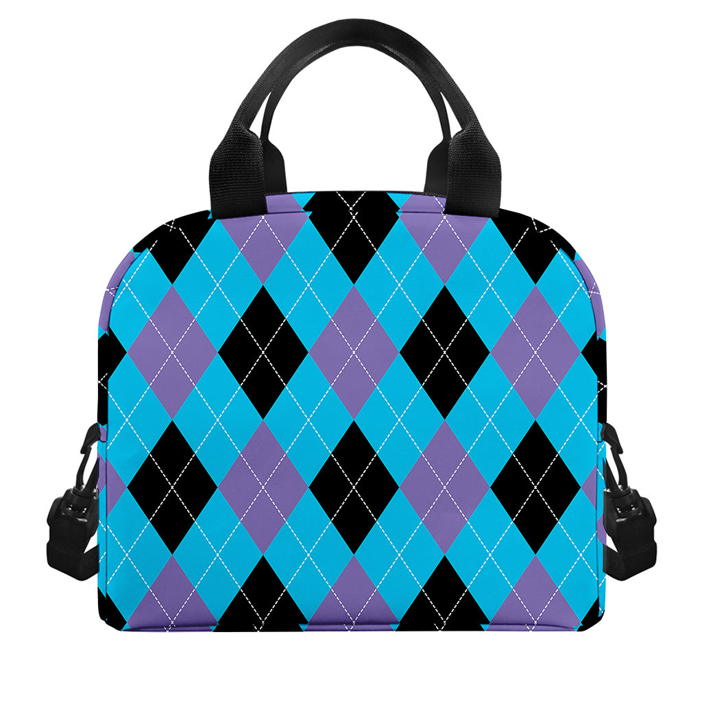 Blue Purple And Black Argyle Print Insulated Lunch Bag
