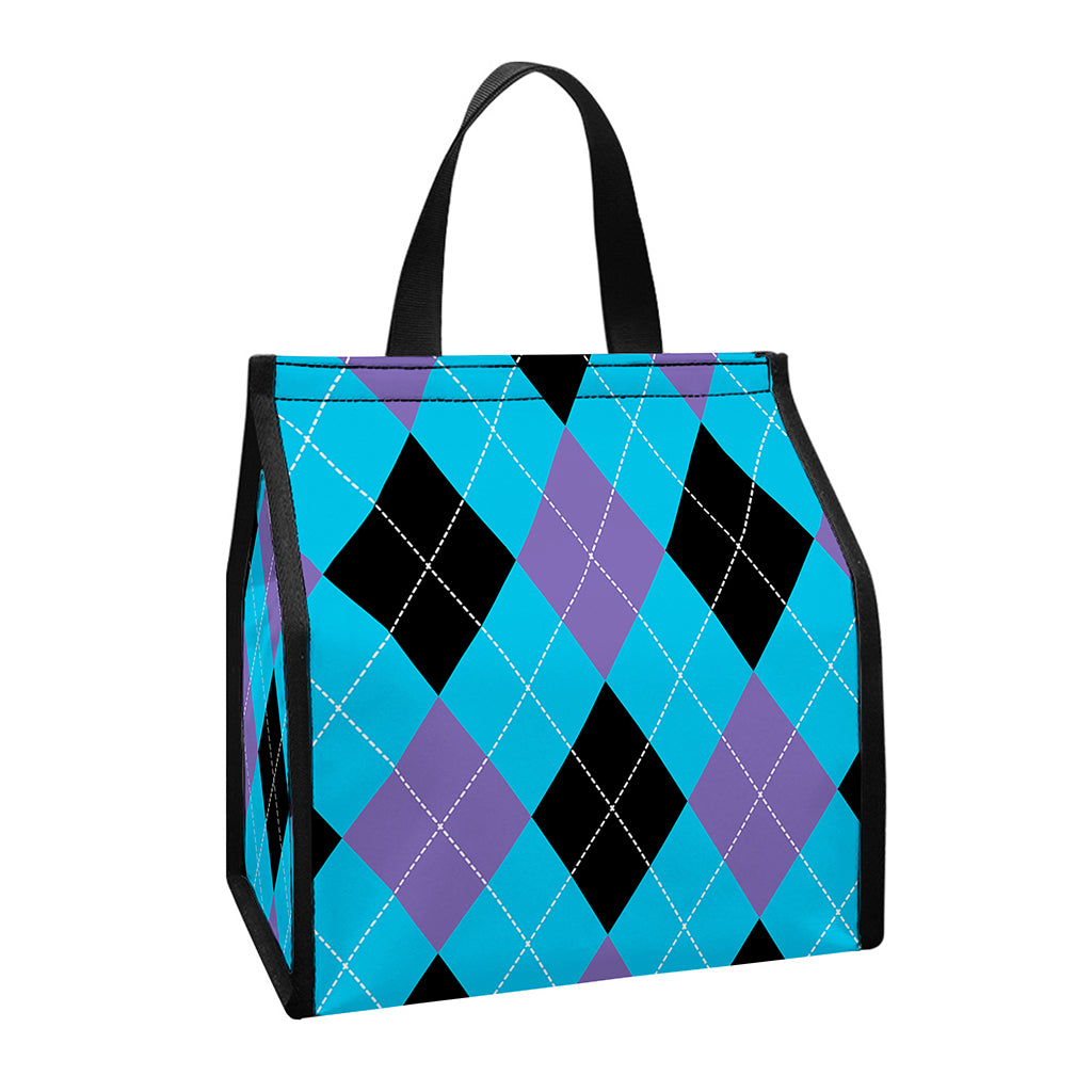 Blue Purple And Black Argyle Print Insulated Lunch Tote