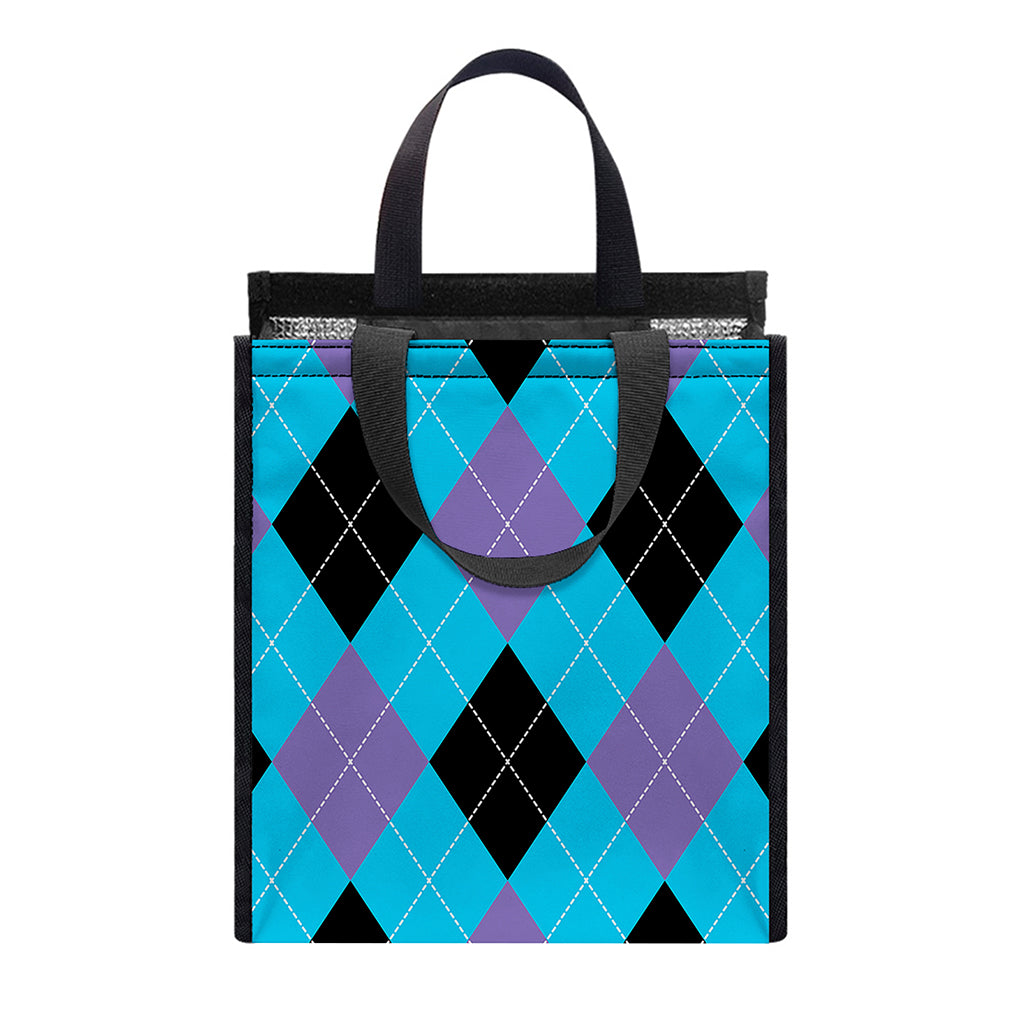 Blue Purple And Black Argyle Print Insulated Lunch Tote