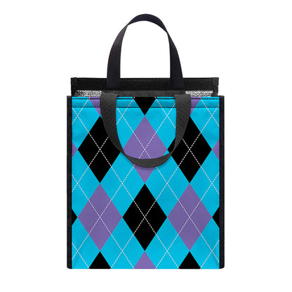 Blue Purple And Black Argyle Print Insulated Lunch Tote