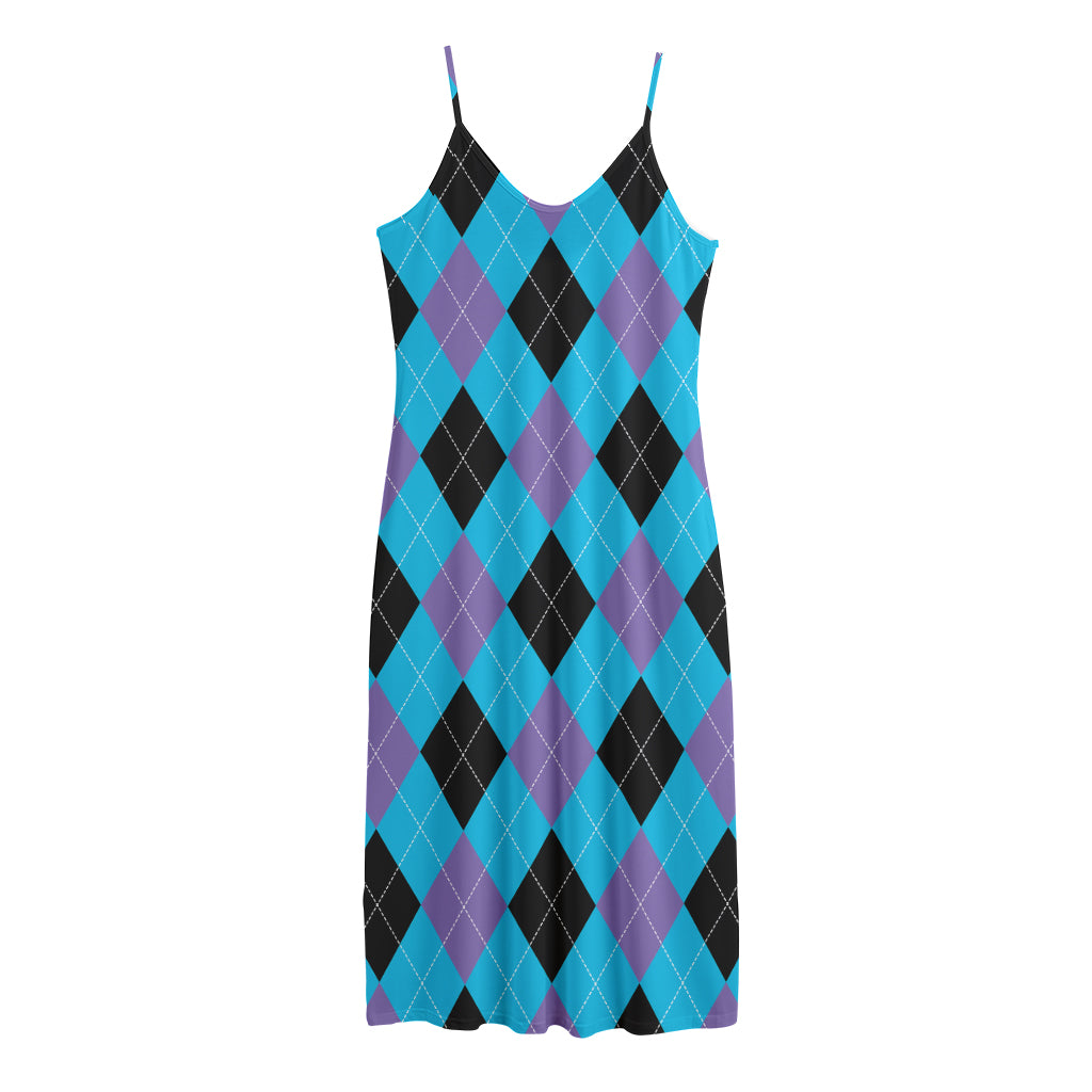 Blue Purple And Black Argyle Print Jersey Midi Cami Dress