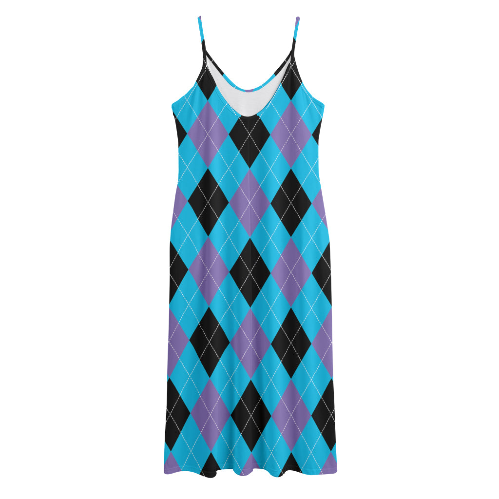 Blue Purple And Black Argyle Print Jersey Midi Cami Dress