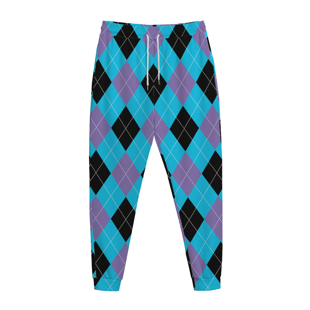 Blue Purple And Black Argyle Print Jogger Pants